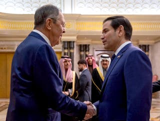 Russian foreign minister Sergei Lavrov shakes hands with his US counterpart Marco Rubio during talks about reconciling relations in Riyadh, Saudi Arabia
